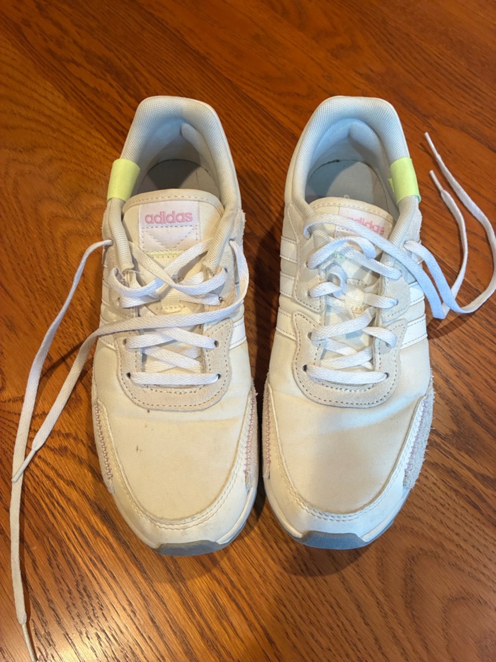 Adidas Women's White Sneakers with Lavender Logos and Neon Yellow Heel Tab
